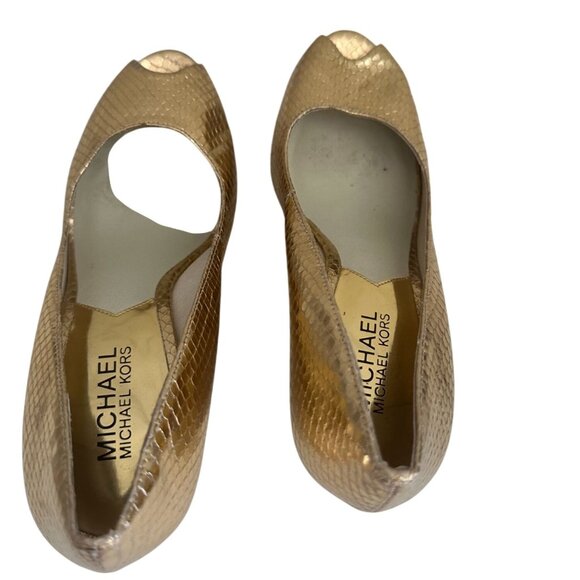 MICHAEL KORS Snake Embossed Gold Leather Espadrilles Wedges Size 7.5 - Picture 8 of 11